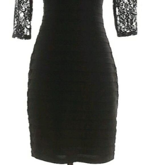 Adrianna Papell Lace Illusion V-neck 3/4 Sleeve Bodycon Dress Black Sz 4P - Picture 6 of 13